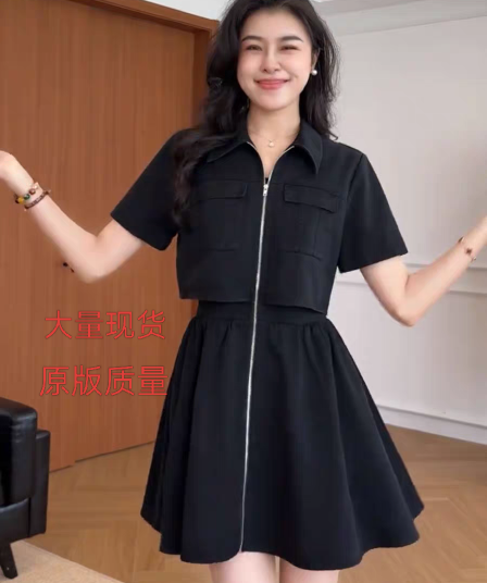 여가 여름 시간 워크웨어 바람 폴로 칼라 허리 수축 슬림해 보이는 품격 지퍼 표지 고기 여성 작은 키 셔츠 드레스