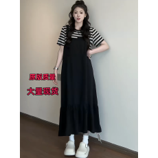 批发大码女装胖mm韩版圆领<b class='q'>假两件</b>条纹拼接<b class='q'>连衣裙</b>2025夏季气质显瘦长裙