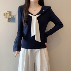 批发实拍~娃娃领拼色绑带内搭t恤女秋季韩系短款修身长袖上衣<b class='q'>大码</b><b class='q'>女装</b>