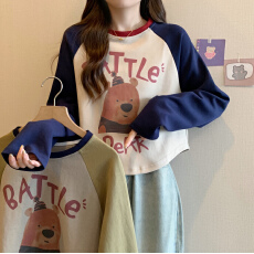 批发实拍~复古撞色短t女短款休闲圆领长袖上衣<b class='q'>春</b>装大码卡通图案卫衣