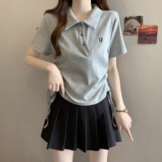 批发实拍~polo衫2026夏新款设计感抽绳修身灰色短袖t恤大码女装
