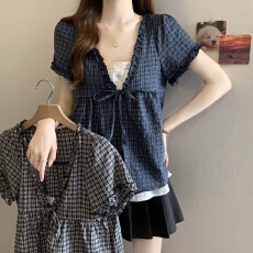 批发实拍~设计感假两件撞色格子衬衫短袖女款上衣<b class='q'>大码</b>女装