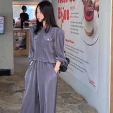 批发有货 Cherry 时尚褶皱波浪边圆领长袖上衣+垂感阔腿长裤~两件套