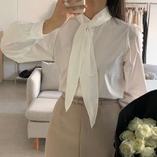 批发现Korea 韩系优雅精致女主时尚设计感飘带领系带气质长袖衬衫