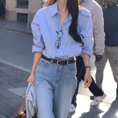 批发现 KOREA 复古休闲条纹气质多变轻熟风百搭翻领<b class='q'>长袖</b><b class='q'>衬衫女</b>上衣