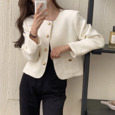 批发复古小香风<b class='q'>短款</b>外套 圆领金属扣纹理外套百搭显瘦气质通勤夹克