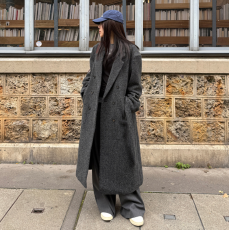 批发韩系慵懒风长款毛呢大衣 灰色复古宽松过膝<b class='q'>外套</b>