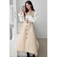 批发现 KOREA 优雅气质花苞袖加厚拼接假两件夹棉长袖连衣裙~配腰带