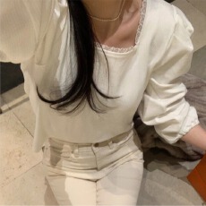 批发Korea 韩系温柔气质长袖 方领蕾丝花边泡泡袖衬衫女