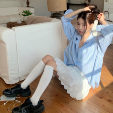 批发有货 KOREA 复古休闲条纹气质多变轻熟风百搭翻领长袖<b class='q'>衬衫</b>女上衣