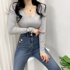 批发有货 Korea 洋气百搭弹力打底修身显瘦内搭长袖T恤上衣~前后两穿