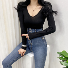 批发有货 Korea 洋气百搭弹力打底修身显瘦内搭长袖T恤上衣~前后两穿