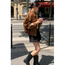 批发现 Korea 高级复古翻领中性休闲插袋<b class='q'>机车</b>夹克PU<b class='q'>皮衣</b>百搭外套女