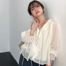 批发KOREA 重工甜美浪漫减龄荷叶边波浪领压褶系带微透长袖衬衫