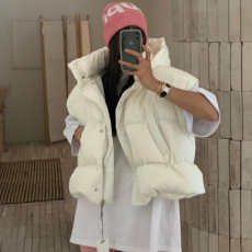批发现 Korea 复古百搭宽松休闲连帽抽绳收腰加厚棉<b class='q'>马甲</b>外套~帽子可拆