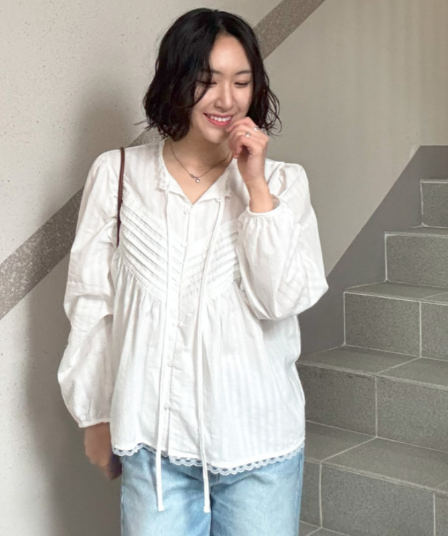 재고 있음 korea 레트로 문예 레이스 조각 v 종류 명중 기사 장식 리본 단색 긴팔 맨위 여성 셔츠