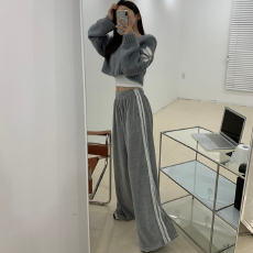 批发有货KOREA 蕾丝点缀高腰撞色设计微亮闪丝绒垂感加厚阔腿休闲长裤