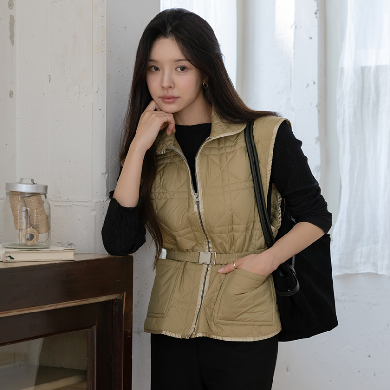 재고 있음 korea 무거운 작업 누비 이불의 재료 자수 폴로 칼라 민소매 어깨 외부 가져 가라. 보온 솜을 넣은 조끼 재킷 벨트 포함