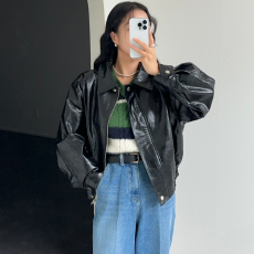 批发有货 Korea 港风复古翻领中性休闲插袋机车夹克PU皮衣百搭外套女