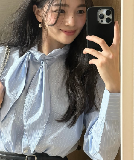재고 있음 korea 분위기 센스 당겨서 전체 한 부서 부드러운 바람 블루스 스트라이프 매듭이 달린 리본 긴팔 여성 셔츠