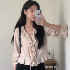 批发KOREA 法式波浪荷叶边飘带V领<b class='q'>轻熟</b>温柔收腰减龄轻薄长袖衬衫女