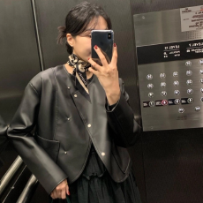 批发有货Korea 小众复古设计感不规则金属斜扣口袋百搭机车pu皮衣外套