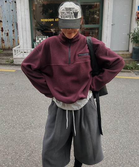재고 있음 korea 일본식 cityboy 레트로 하프 지퍼 스탠드 칼라 배색 루즈핏 다용도 스택 착용 플리스 후드티