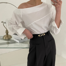 批发有货 KOREA 气质斜肩不规则设计感纯色百搭通勤<b class='q'>长袖</b>衬衫~前后可穿