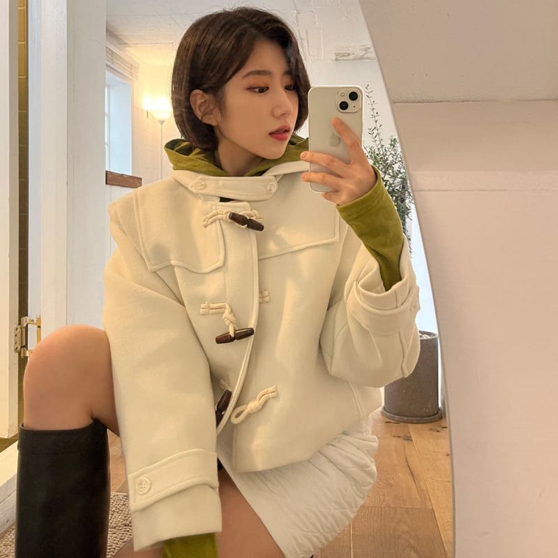 재고 있음 korea 연령 감소 청춘 분위기 센스 소뿔 버클 패션 후드 디자인 루즈핏 다용도 모직 외투