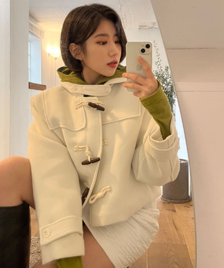 재고 있음 korea 연령 감소 청춘 분위기 센스 소뿔 버클 패션 후드 디자인 루즈핏 다용도 모직 외투