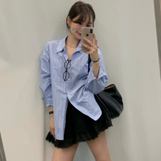 批发有货 KOREA 复古休闲条纹气质多变轻熟风百搭翻领长袖衬衫女上衣