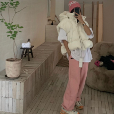 批发有货Korea复古百搭宽松休闲连帽抽绳收腰加厚棉马甲<b class='q'>外套</b>~帽子可拆