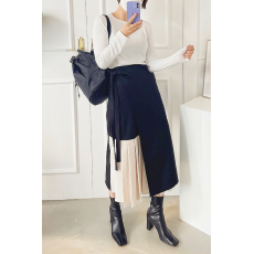 批发有货 Korea 小众高级设计感撞色压褶拼接围裙式可调节绑带半身裙