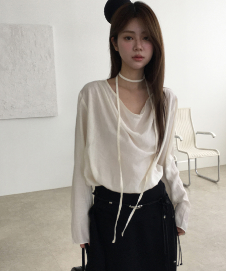 재고 있음 korea 느긋한 분위기 센스 도루 가을 칼라 이중층 의류 루즈핏 마이크로 ~을 통해 긴팔 셔츠 경기 리본
