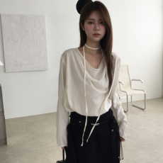批发有货 Korea 慵懒氛围感垂坠领双层衣摆宽松微透长袖<b class='q'>衬衫</b>~配飘带