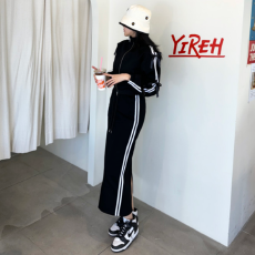 批发有货 Korea 蝴蝶结点缀双拉链卫衣外套+高腰开叉半身长裙~两件套