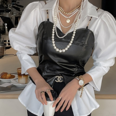 批发有货 KOREA 翻领<b class='q'>OL</b>风百搭气质<b class='q'>衬衫</b>+设计感小吊带PU皮马甲~两件套