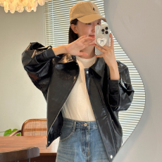 批发有货 Korea 港风复古翻领中性休闲插袋机车夹克PU皮衣百搭外套女