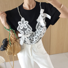 批发有货 Korea 甜酷风珍珠肩带拼接蕾丝浪漫假两件短袖T恤~配蝴蝶结