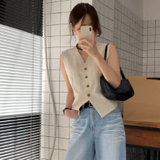 批发有货 KOREA 后腰抽绳收腰显瘦中性帅气单排扣百搭V领无袖马甲背心