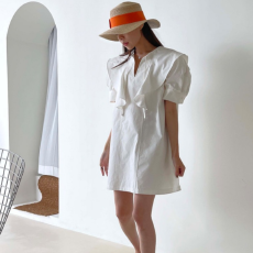 批发有货Korea 法式温柔荷叶边设计感减龄泡泡袖飘带海军领短袖<b class='q'>连衣裙</b>