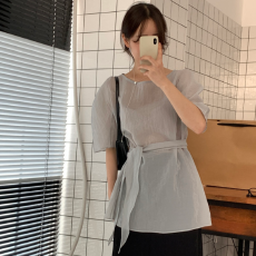 批发KOREA 韩系温柔风微透肌理感宽松慵懒短袖雪纺衬衫~配两用飘带