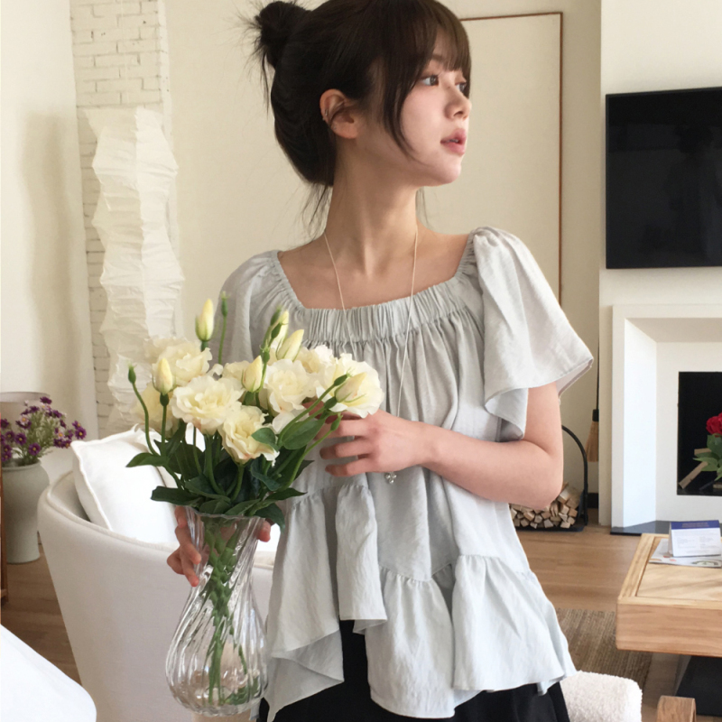 재고 있음 korea 불규칙 프릴 반팔 케이크 진자 문예 바람 반팔 맨위 광장 칼라 오프숄더 둘 착용