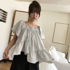 批发KOREA <b class='q'>不规则</b>荷叶边短袖蛋糕摆文艺风短袖上衣~方领一字肩两穿
