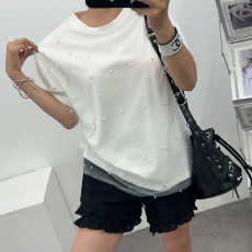 批发有货 KOREA 甜酷珍珠点缀重工网纱+<b class='q'>宽松</b>BF风短袖纯棉T恤~真两件套