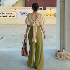 批发有货 KOREA 小心机设计V领灯笼袖露背大蝴蝶结纯欲风<b class='q'>收腰</b>短袖上衣