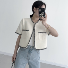 批发有货Korea 韩系气质撞色镶边粗花呢通勤小香风外搭小开衫短袖外套