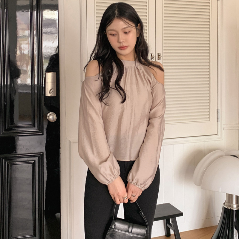 재고 있음 korea 부드러운 바람 행침 목 오프숄더 디자인 센스 측면 벨트 자외선 차단 마이크로 ~을 통해 외국 가스 긴팔 셔츠
