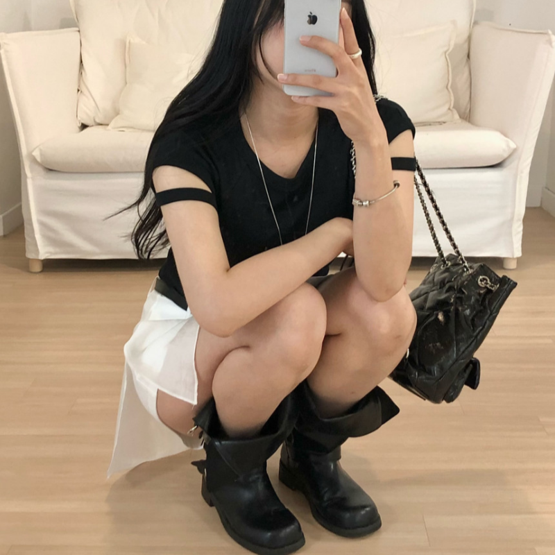 재고 있음 korea 달콤한 차가운 바람 팔 홀로우 아웃 몸매 가꾸기 슬림해 보이는 다용도 기초 작은 대중 핫걸 다용도 반팔 티셔츠