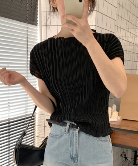 재고 있음 korea 첫사랑 품격 수직 Pleat 물결무늬 측면 꽃잎 반하이넥 신축성 단색 반팔 티셔츠 맨위